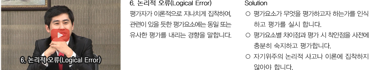  6. 논리적 오류(Logical Error)
            평가자가 이론적으로 지나치게 집착하여, 관련이 있을 듯한 평가요소에는 동일 또는 유사한 평가를 내리는 경향을 말합니다.
            Solution
            평가요소가 무엇을 평가하고자 하는가를 인식하고 평가를 실시 합니다.
            평가요소별 차이점과 평가 시 착안점을 사전에 충분히 숙지하고 평가합니다.
            자기위주의 논리적 사고나 이론에 집착하지 않아야 합니다.